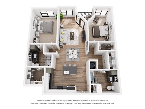 Floor plan for 2 beds, 2 baths, 1265 sqft
